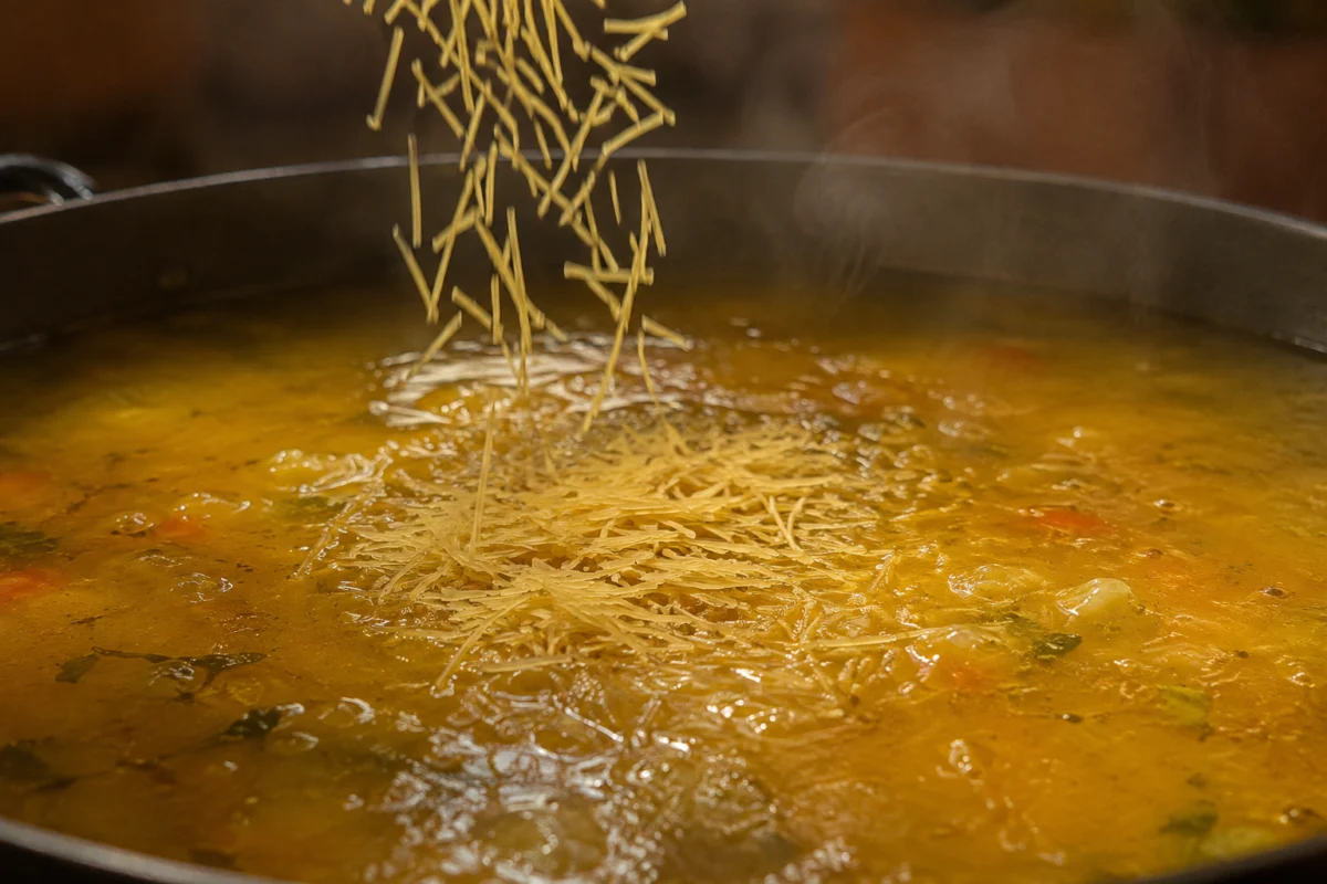 Adding fine vermicelli noodles to the finished velvety chicken soup