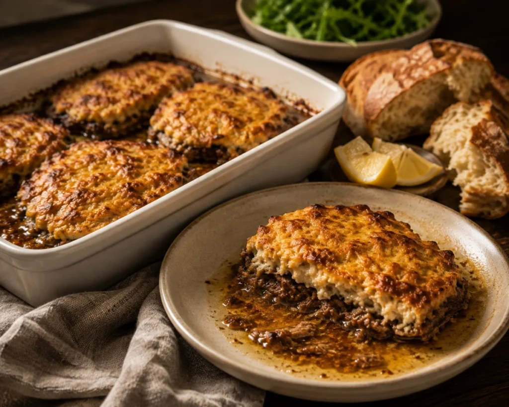 Braised beef slices baked under a golden tuna, potato and Gruyere crust in a baking dish