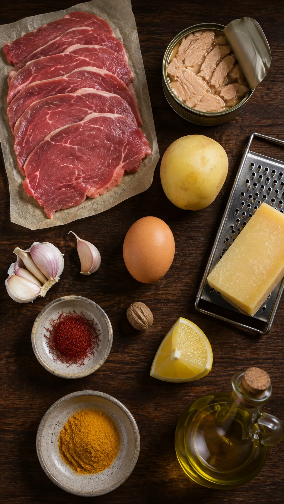 Ingredients for beef with tuna topping: thin beef slices, canned tuna, potato, Gruyere, egg, nutmeg, turmeric and lemon