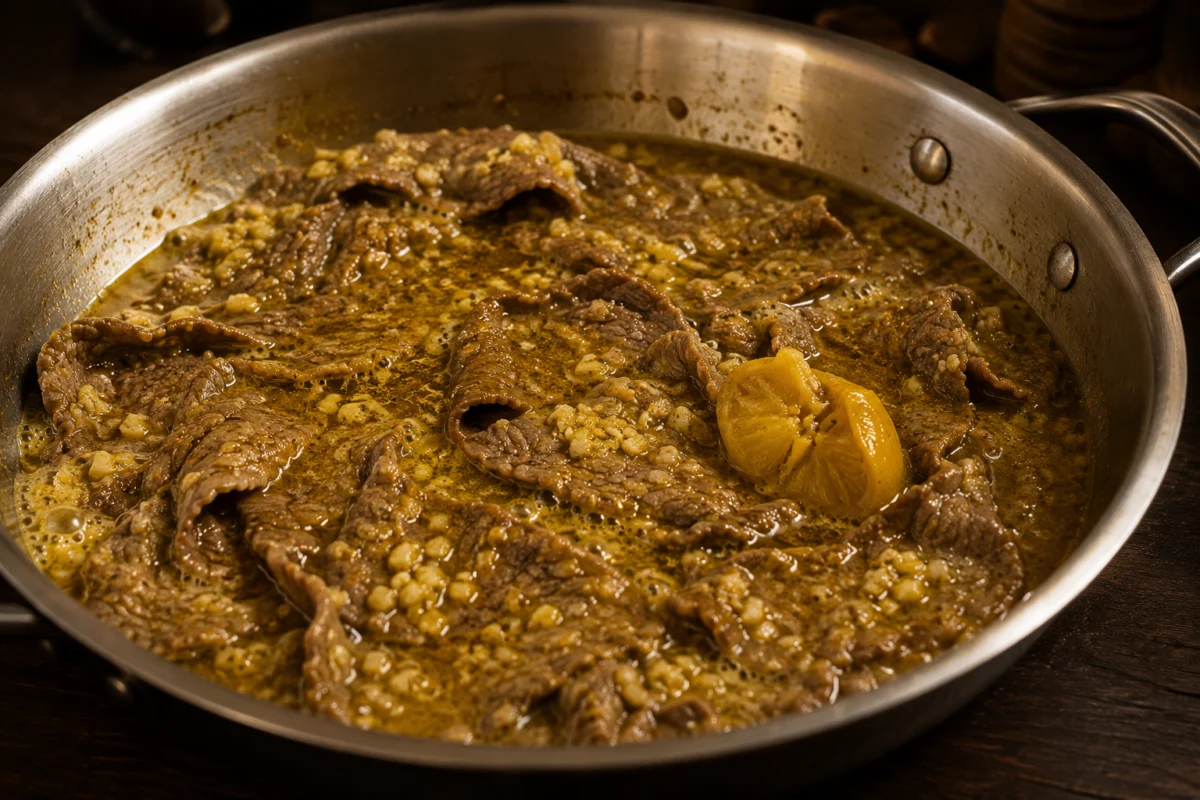 Braising turmeric-seasoned beef slices with garlic and a piece of lemon in a wide pan