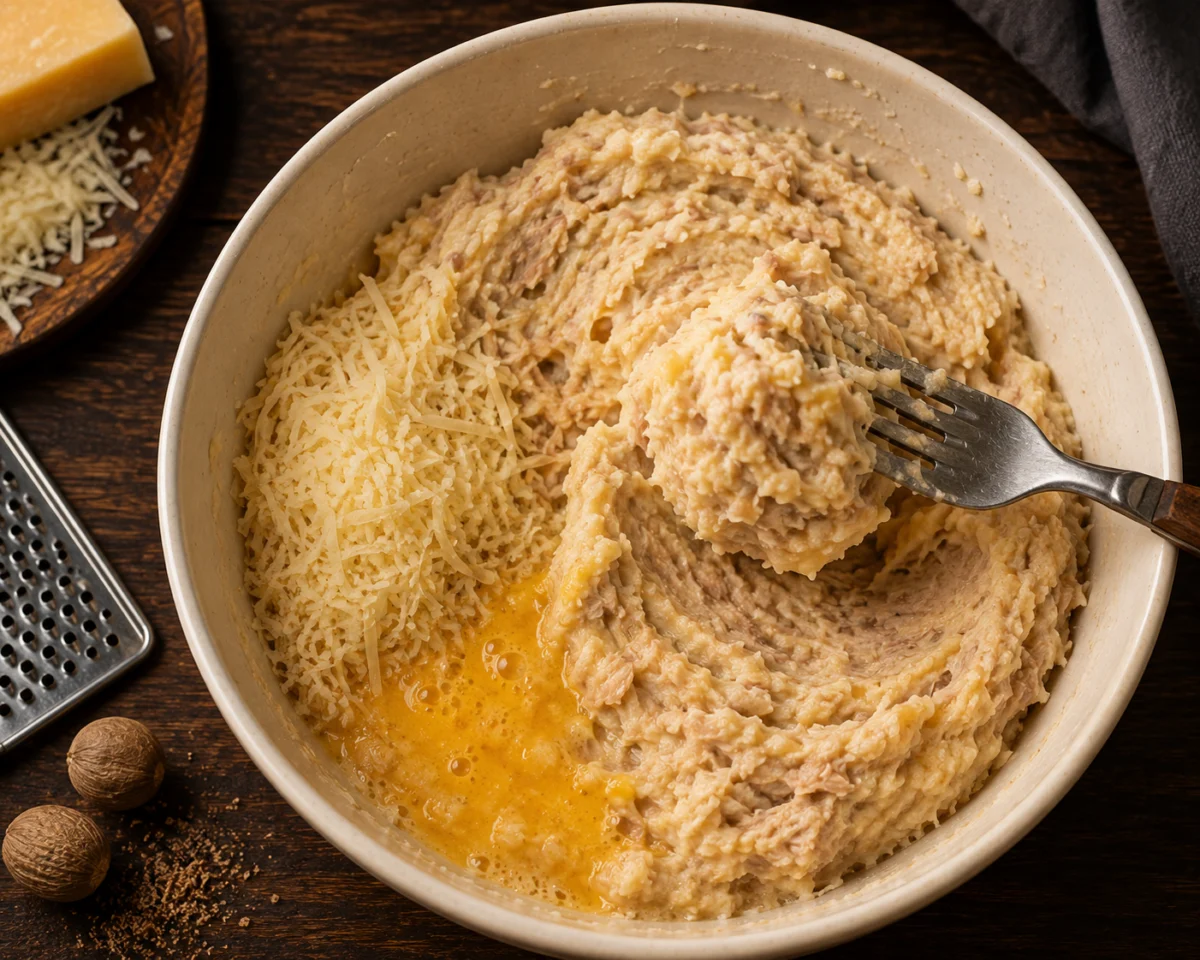 Mashing tuna with boiled potato, Gruyere, egg and nutmeg into a thick spreadable paste