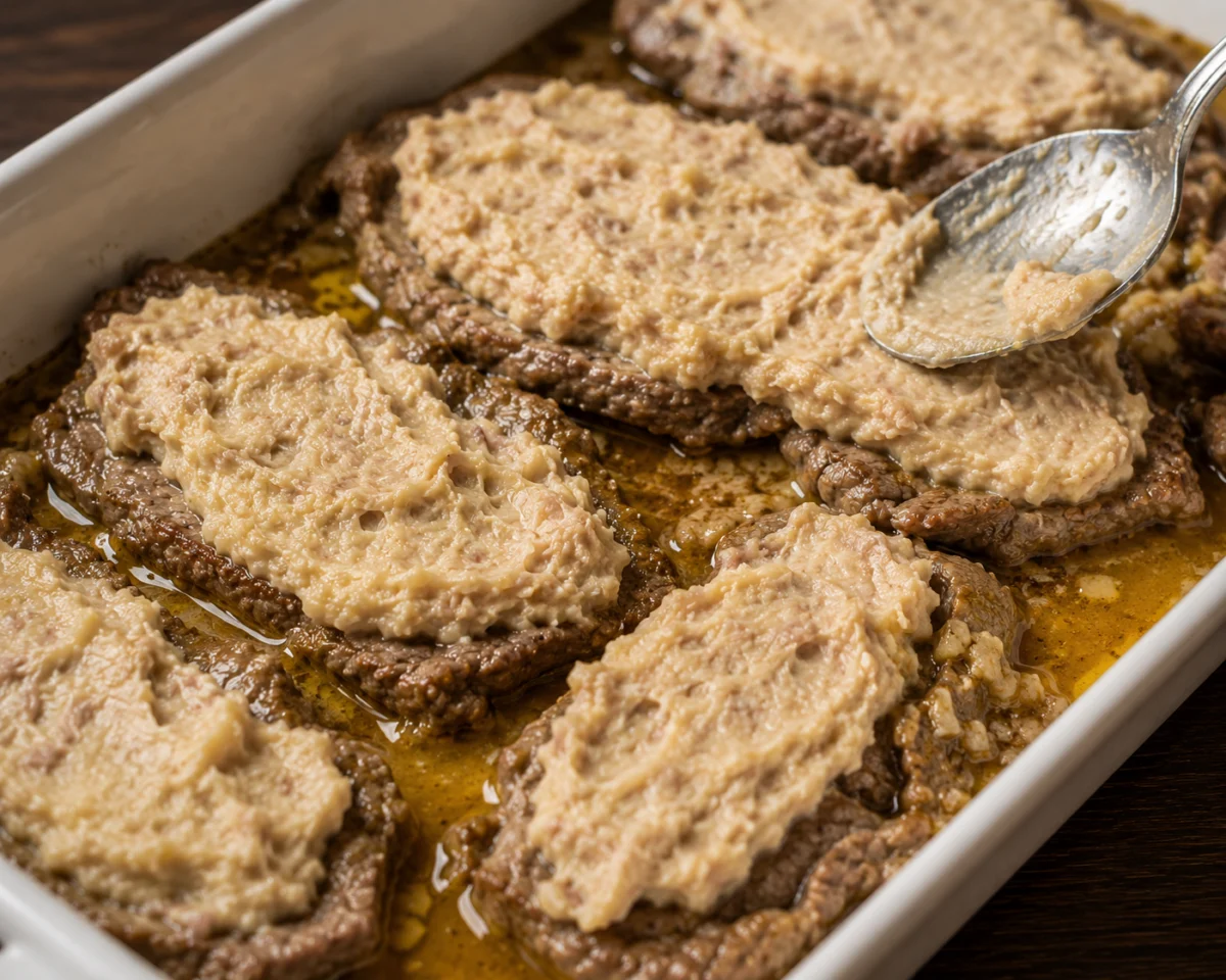 Spreading the tuna and potato topping over braised beef slices in a baking dish