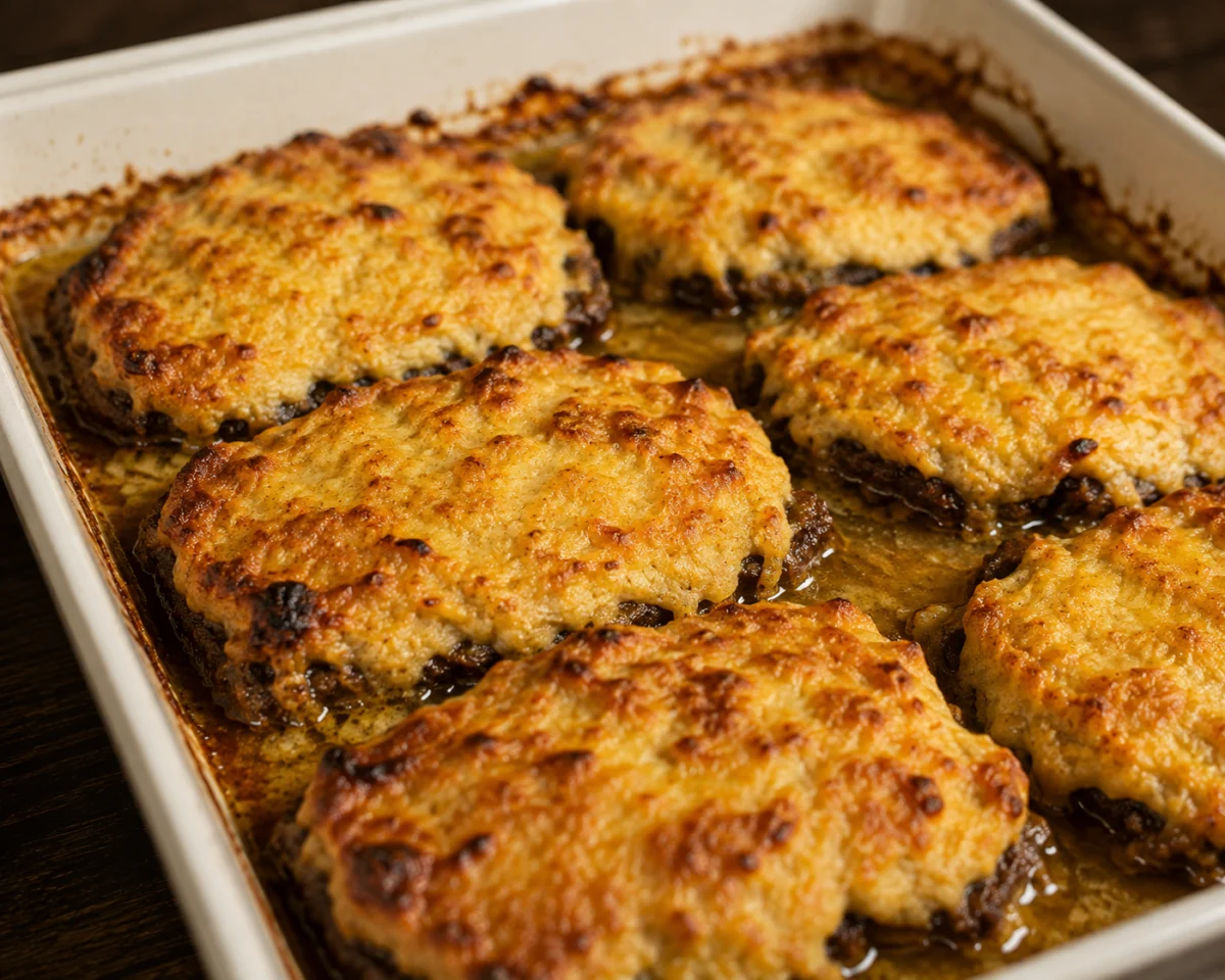Baked beef with tuna topping golden and set at the edges, served with bread