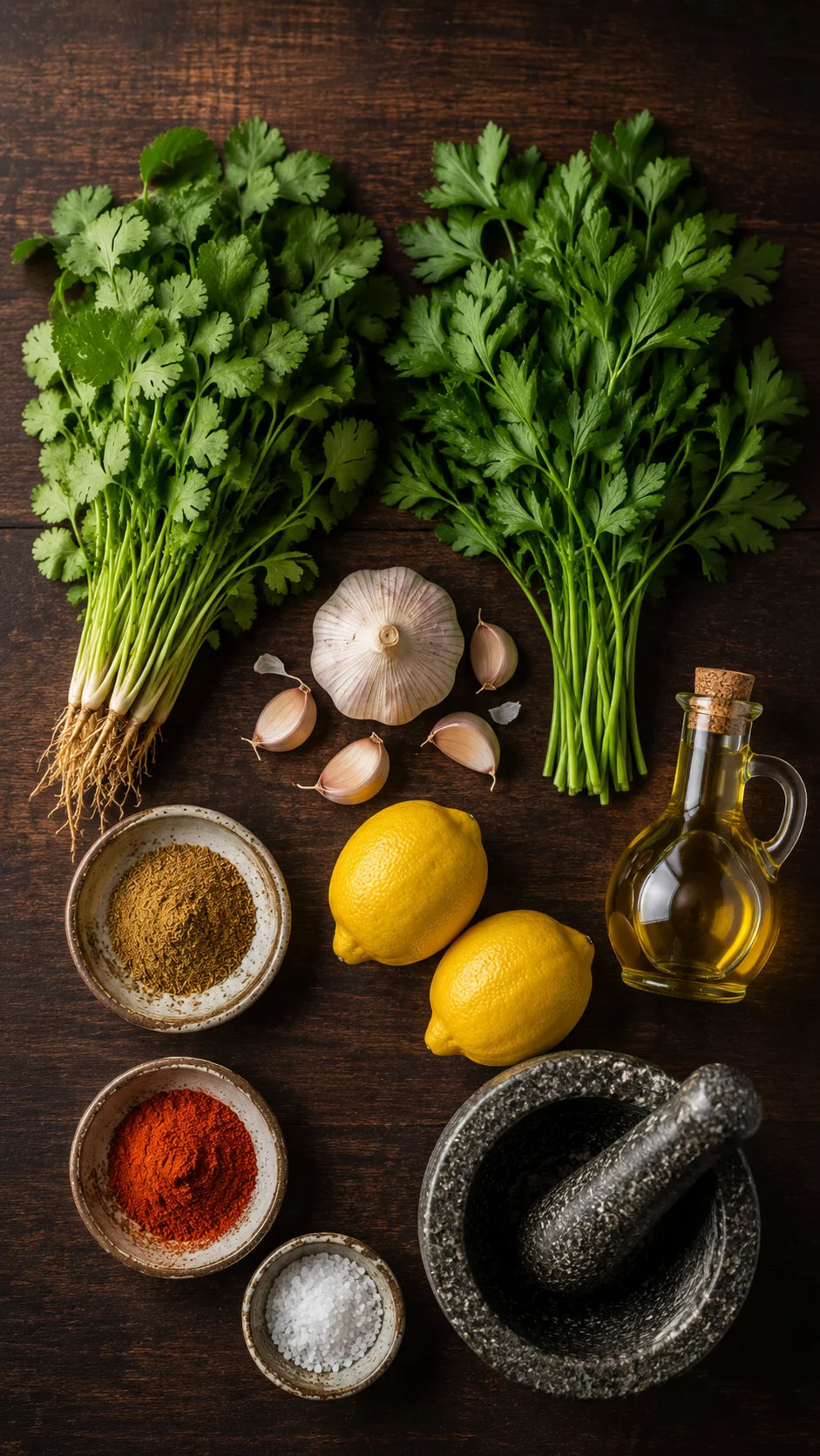 Ingredients for chermoula: fresh coriander, parsley, garlic, cumin, paprika, lemon and olive oil