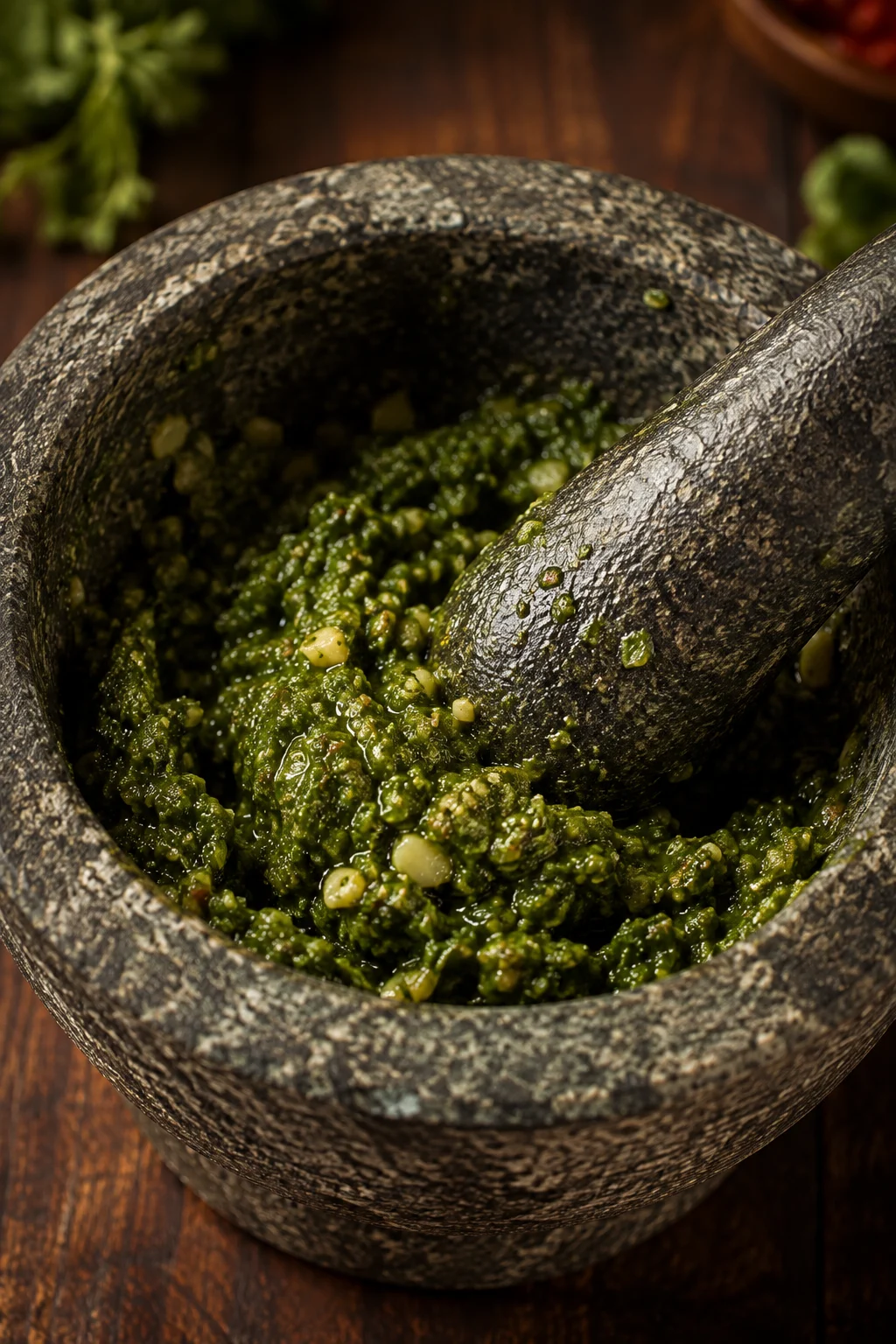 Garlic pounded to a paste in a mortar with the herbs and spices worked in