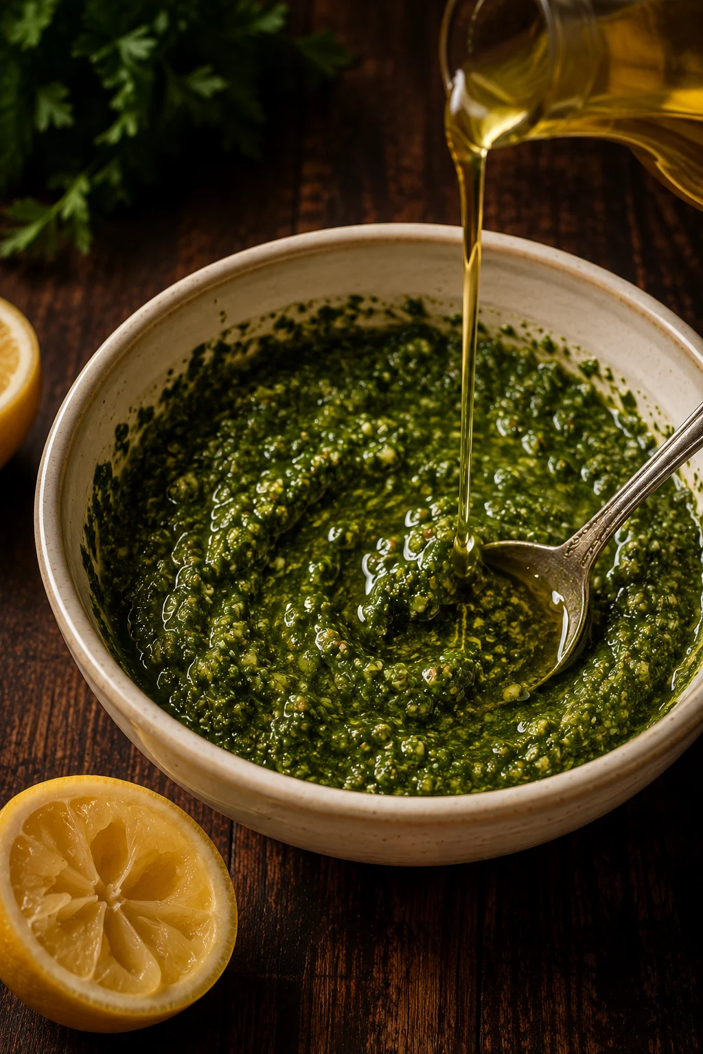 Lemon juice and olive oil stirred through the chermoula until it pours thickly