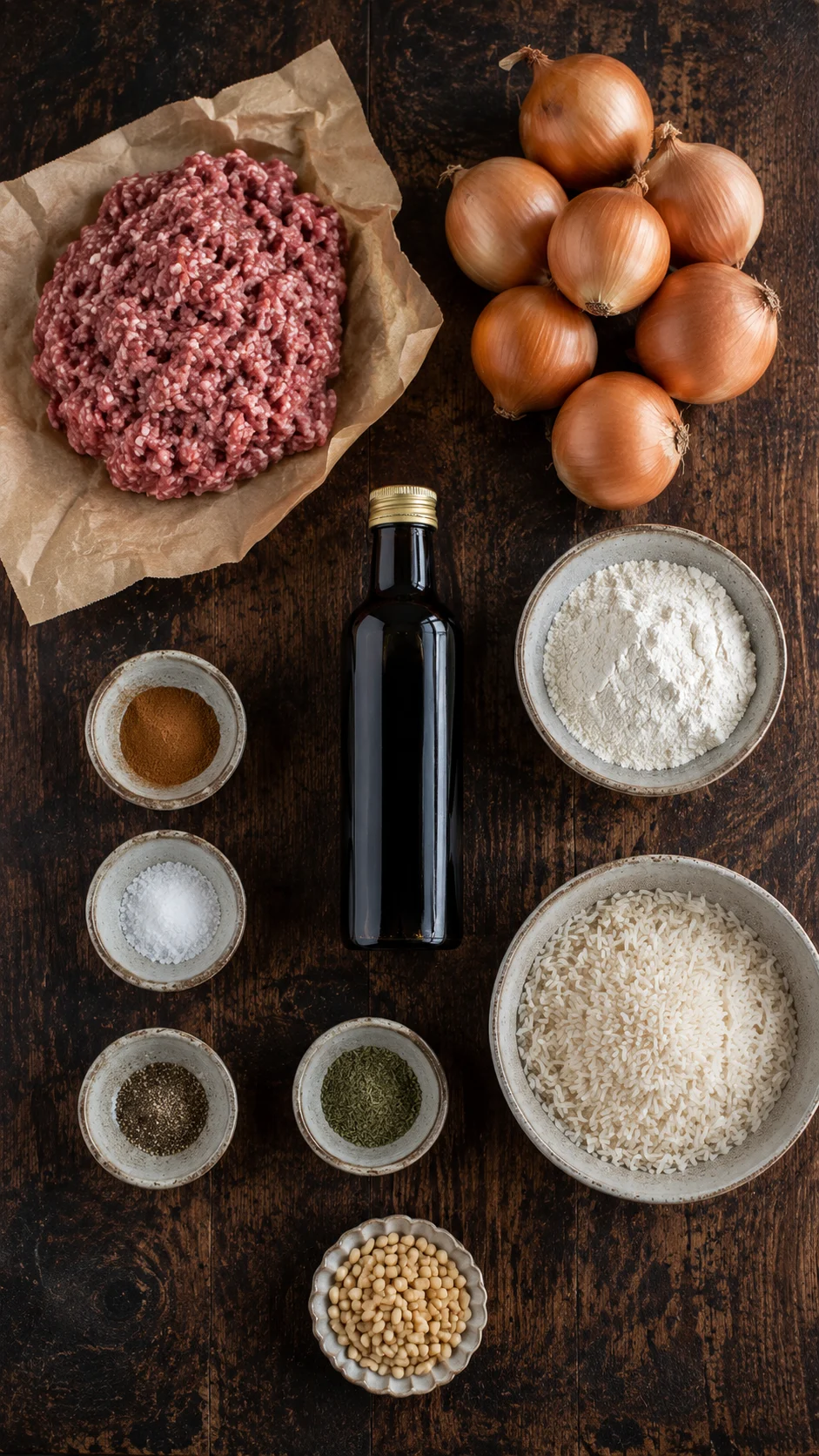 Ingredients for Dawood Basha: ground lamb, sliced onions, pomegranate molasses, cinnamon, flour and dried mint