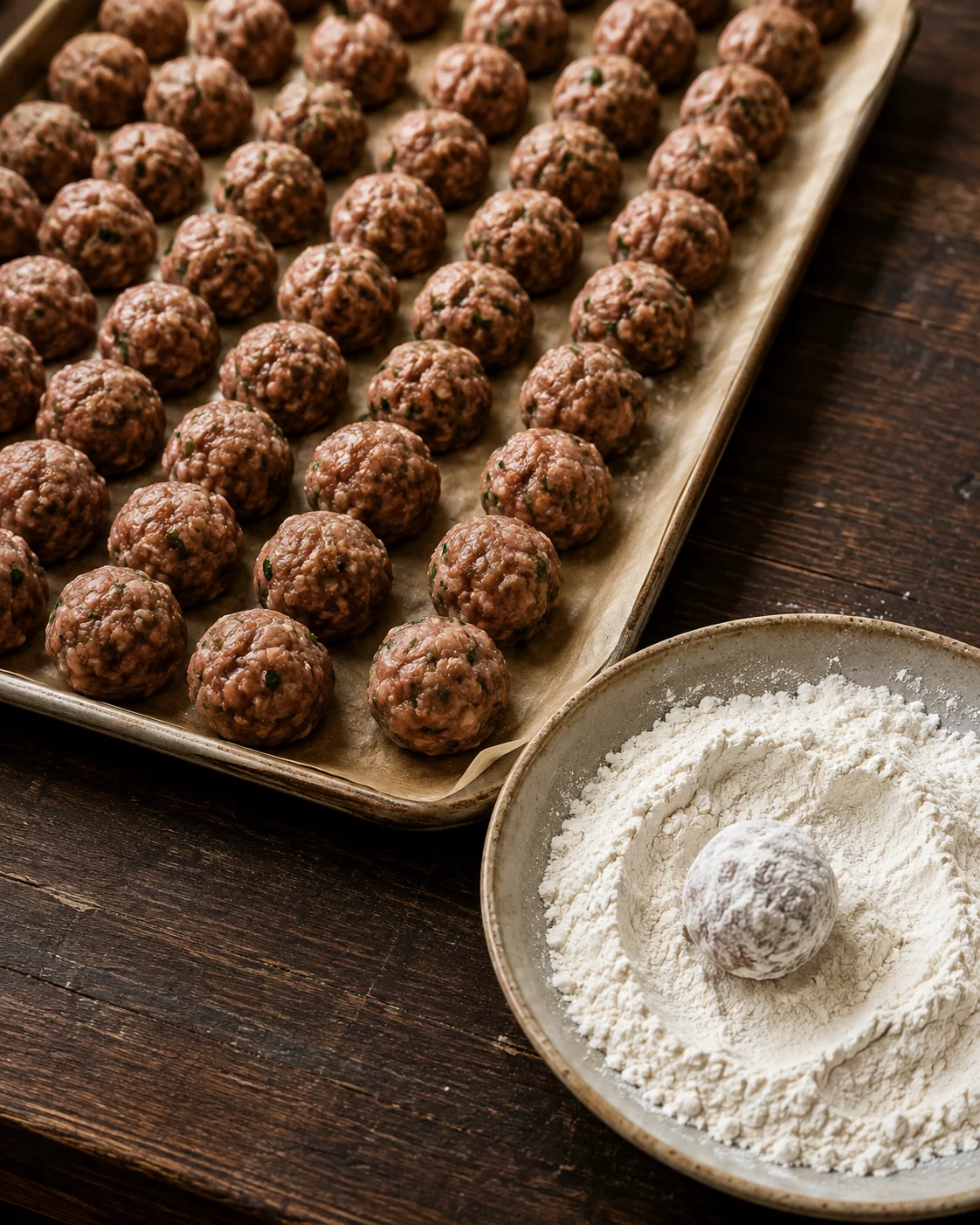 Rolling small lamb meatballs and coating them lightly in flour