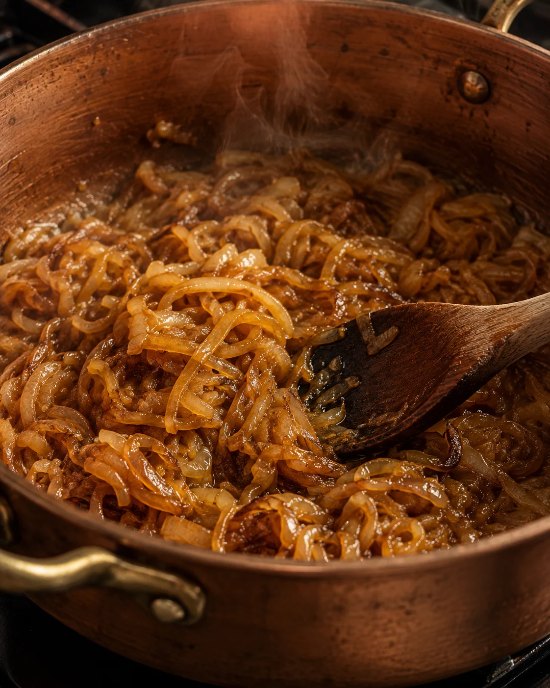 Sliced onions cooking down to deep golden strands in a large pot