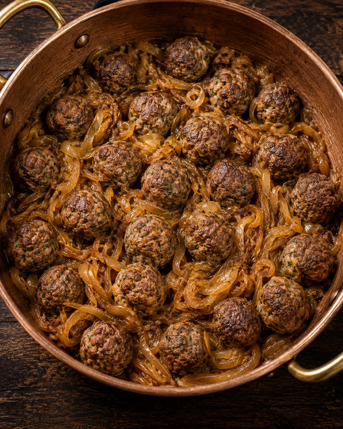 Lamb meatballs browning nestled among the softened onions