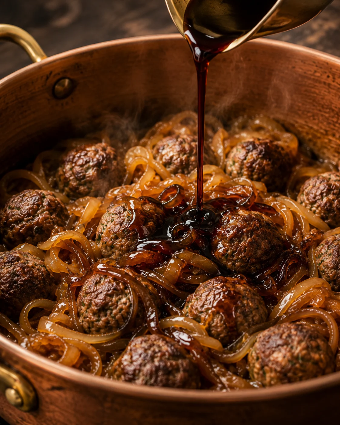 Pomegranate molasses stirred into the pot as the meatballs simmer in amber onion sauce