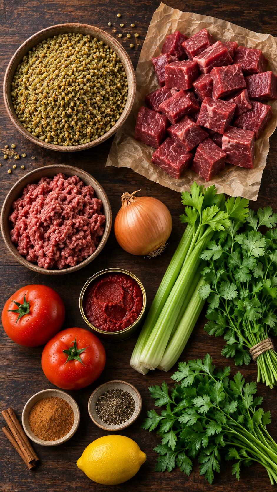 Ingredients for freekeh soup: cracked freekeh, stewing beef, ground meat, celery, tomatoes, coriander and garlic