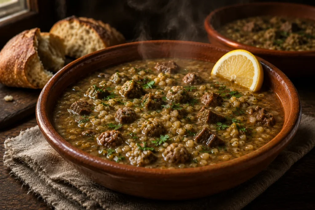 Freekeh soup with smoky green wheat, beef and tiny meatballs served with lemon wedges