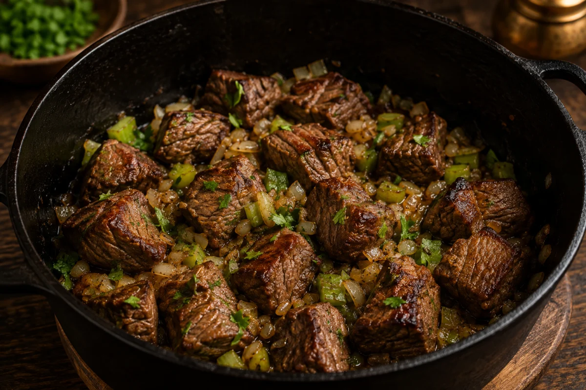 Browning beef cubes with onion, garlic, celery and coriander in a large pot