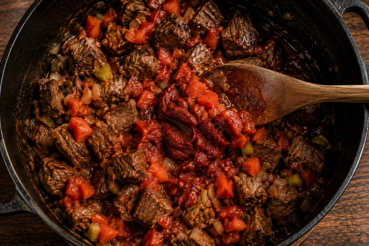 Tomatoes and tomato paste cooking down into the beef broth base