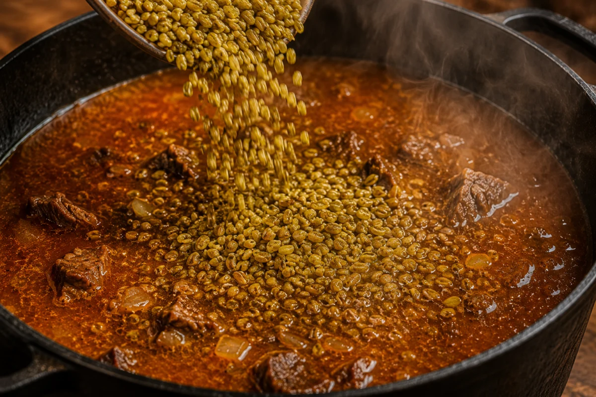 Rinsed cracked freekeh simmering and swelling in the tomato beef broth