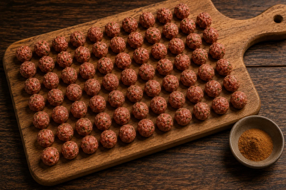 Rolling tiny chickpea-sized meatballs seasoned with cinnamon and pepper