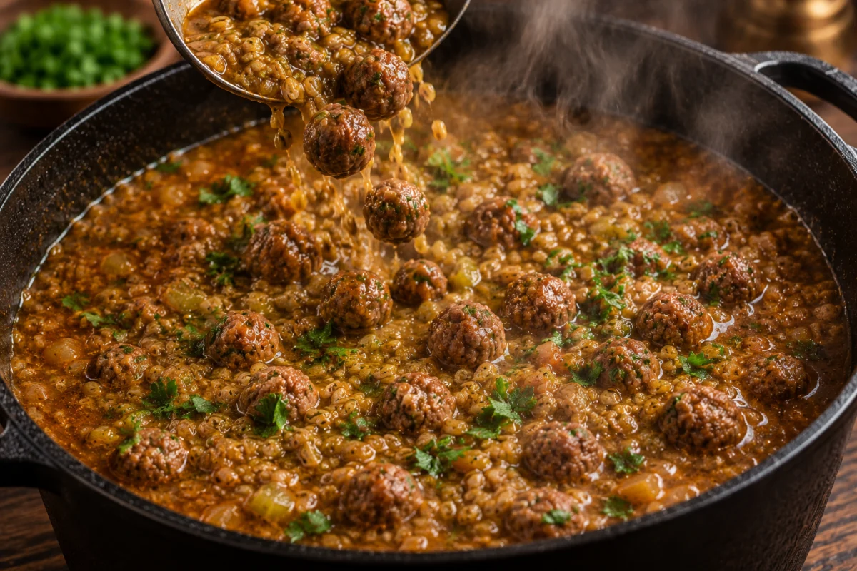 Tiny meatballs dropped into the thickened freekeh soup and finished with parsley