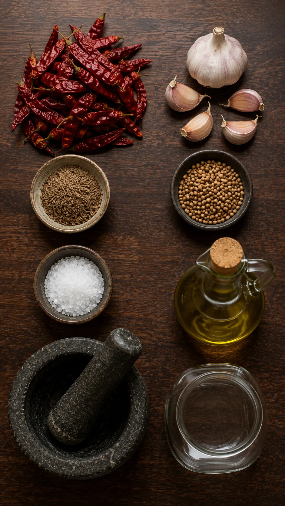 Ingredients for harissa: dried red chillies, garlic, caraway seed, coriander seed, salt and olive oil