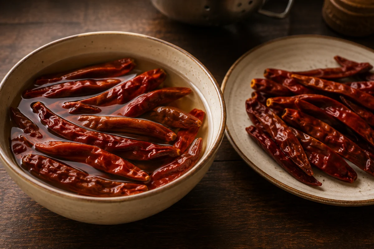 Dried red chillies soaking in boiling water until soft and pliable