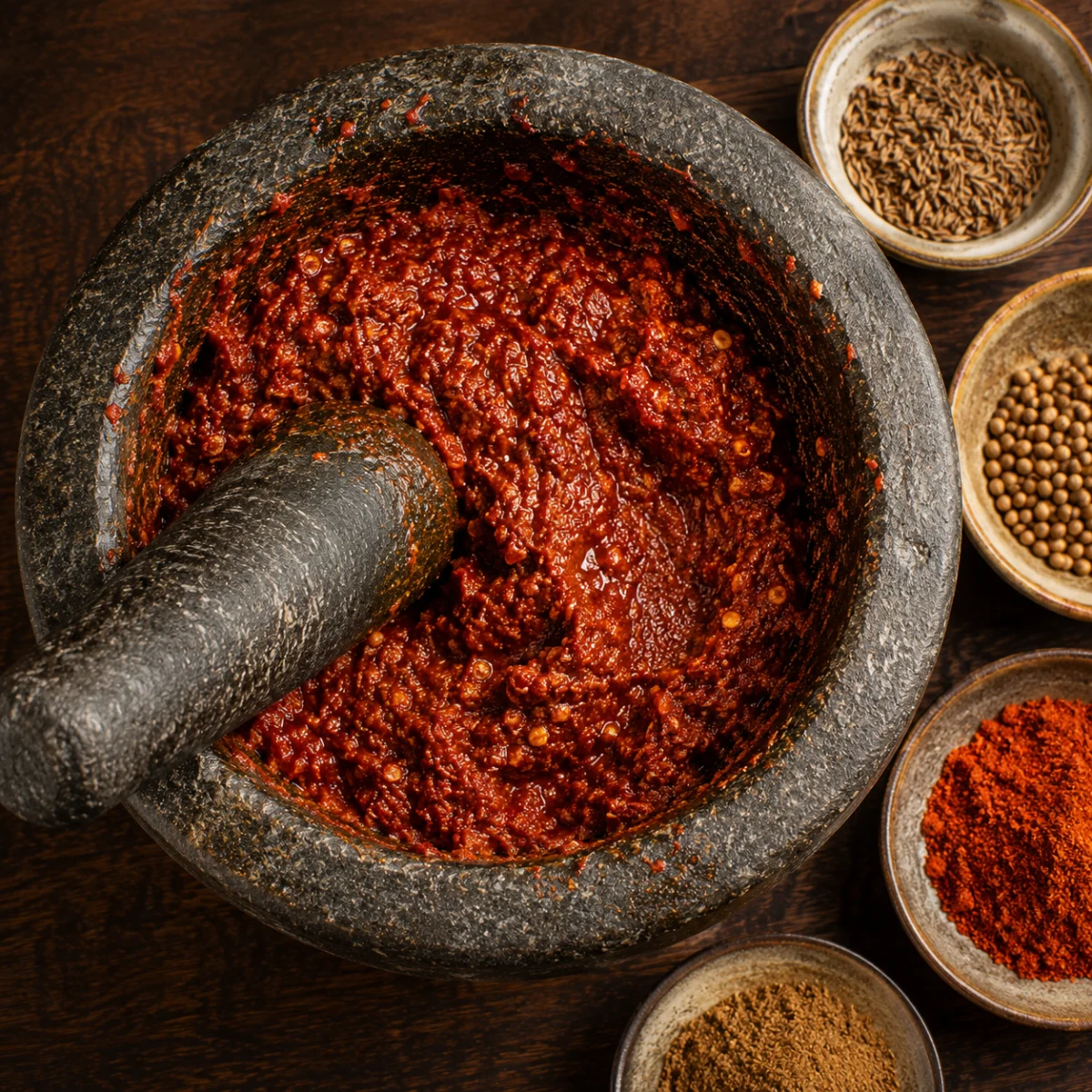 Soaked chillies pounded with caraway and coriander into a thick coarse red paste