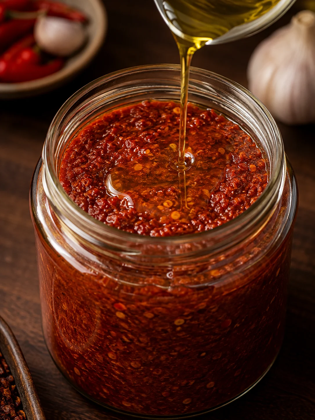 Harissa packed into a jar and sealed under a thin layer of olive oil