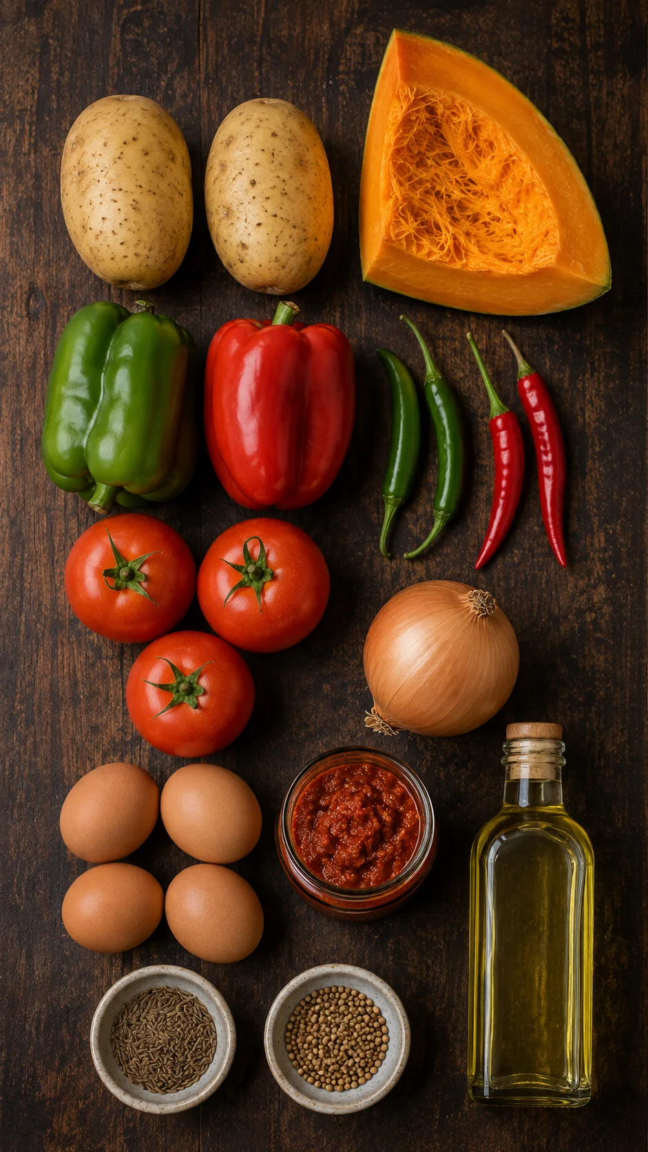 Ingredients for kaftaji: potatoes, pumpkin, green and red peppers, chillies, tomatoes, onion, eggs and harissa