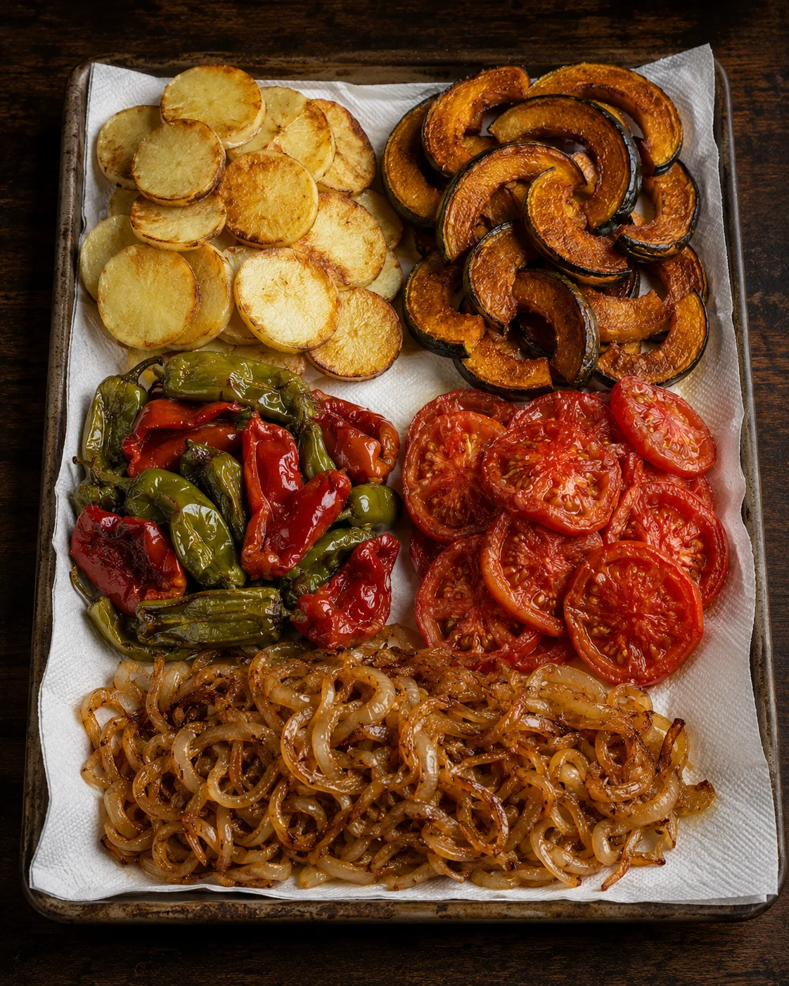 Frying potato, squash and peppers separately in a deep pan of hot oil