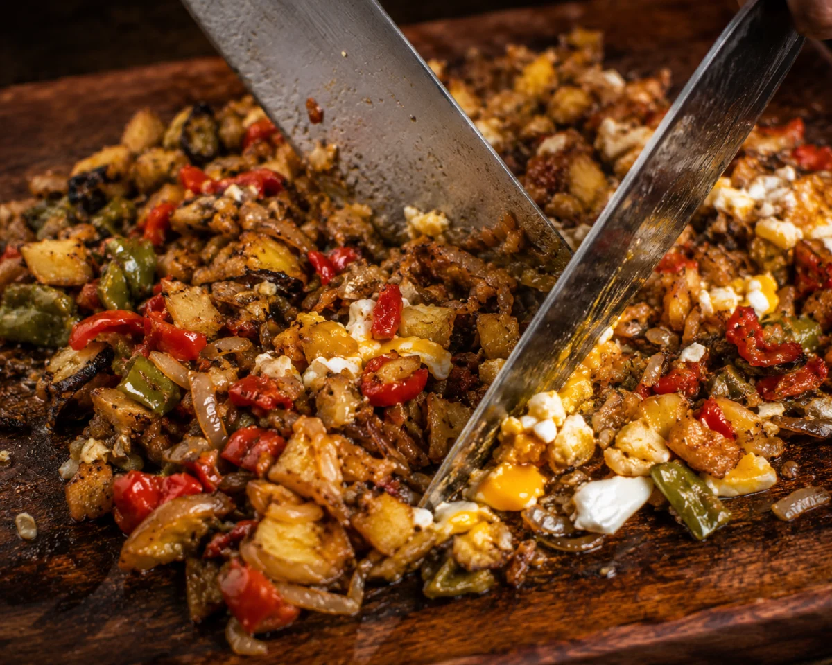 Chopping fried vegetables and egg together on a board with two knives