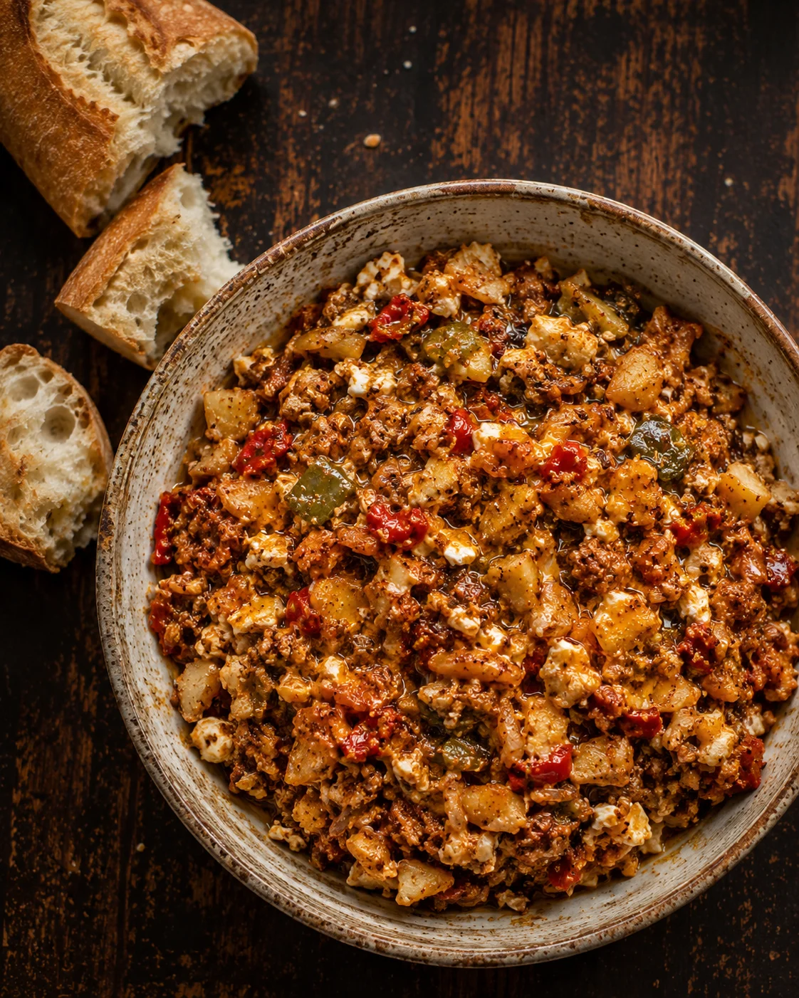 Seasoned kaftaji stirred with harissa and caraway, served hot with bread