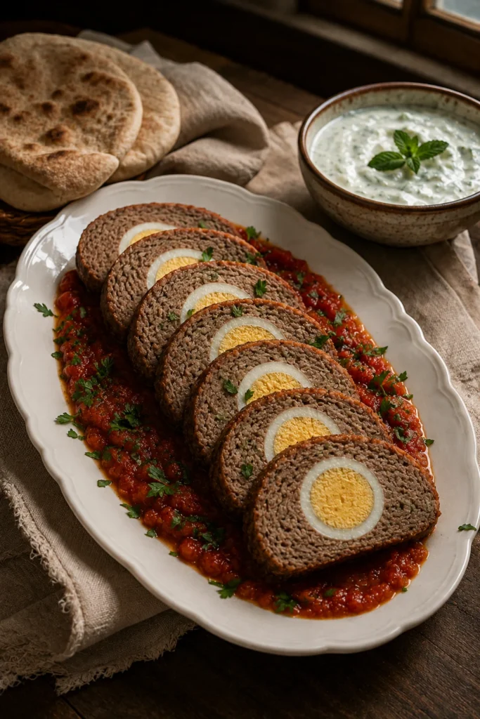 Kefta roll stuffed with whole eggs, sliced to show a golden egg centre in every slice