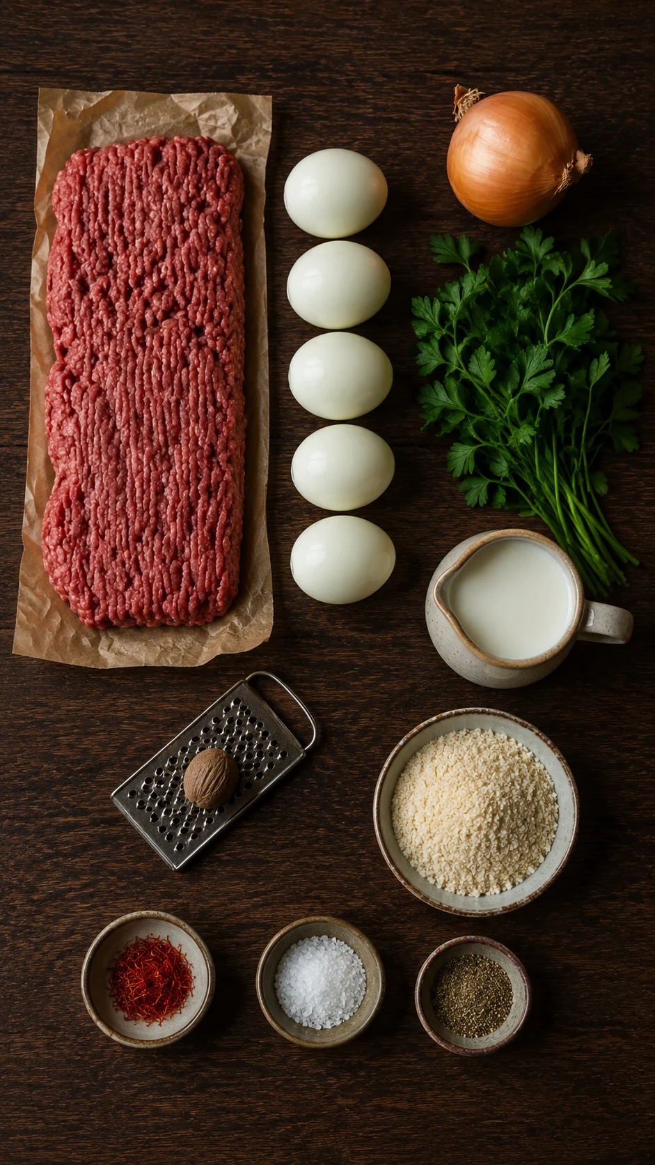 Ingredients for kefta with eggs: ground beef, boiled eggs, onion, parsley, breadcrumbs, milk, nutmeg and saffron