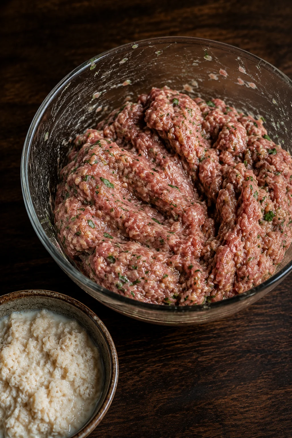 Kneading seasoned kefta mixture with parsley, onion and soaked breadcrumbs until sticky