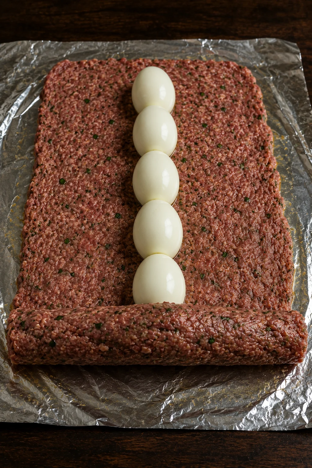 Boiled eggs laid end to end on flattened kefta before rolling it up with foil