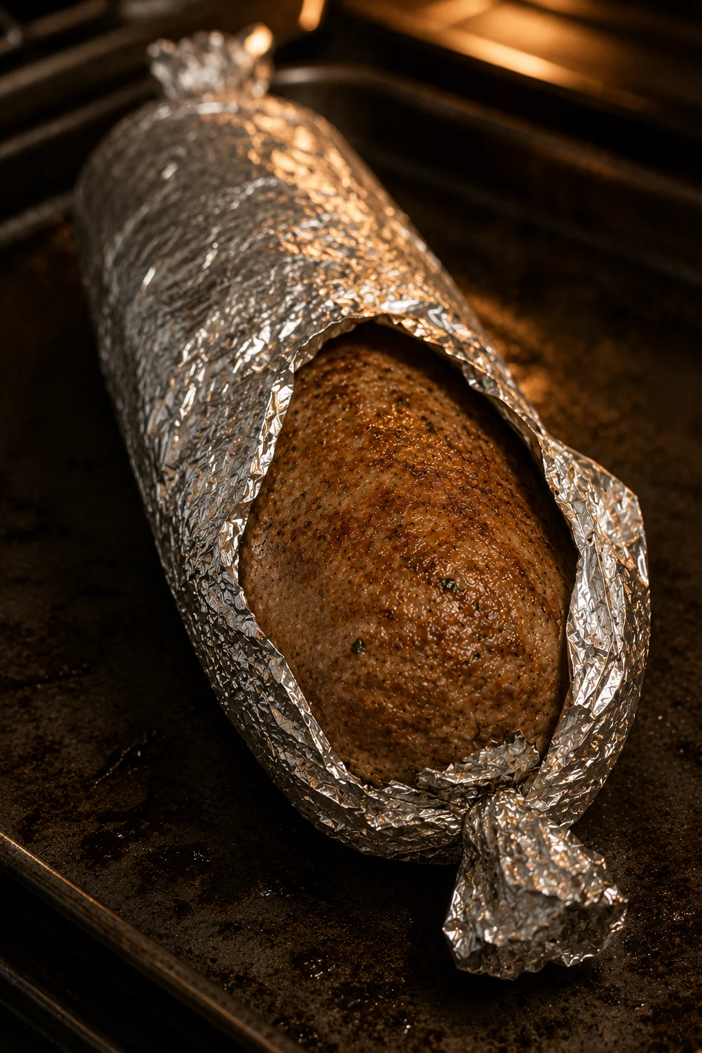 Kefta roll wrapped firmly in foil with the ends twisted closed, ready to bake