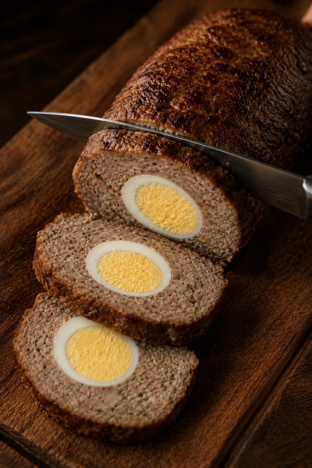Rested kefta roll sliced into thick rounds each showing a whole egg centre