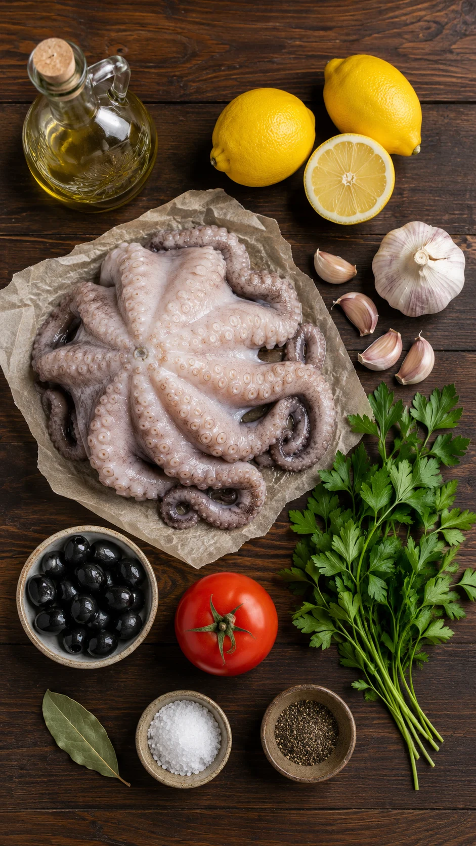 Ingredients for octopus salad: cleaned octopus, olive oil, lemons, garlic, parsley, black olives and tomato