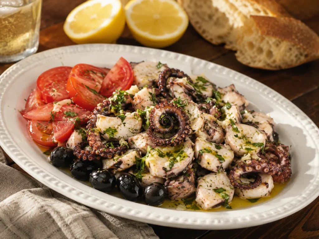 Mediterranean octopus salad with lemon, garlic, parsley, black olives and sliced tomato on a platter