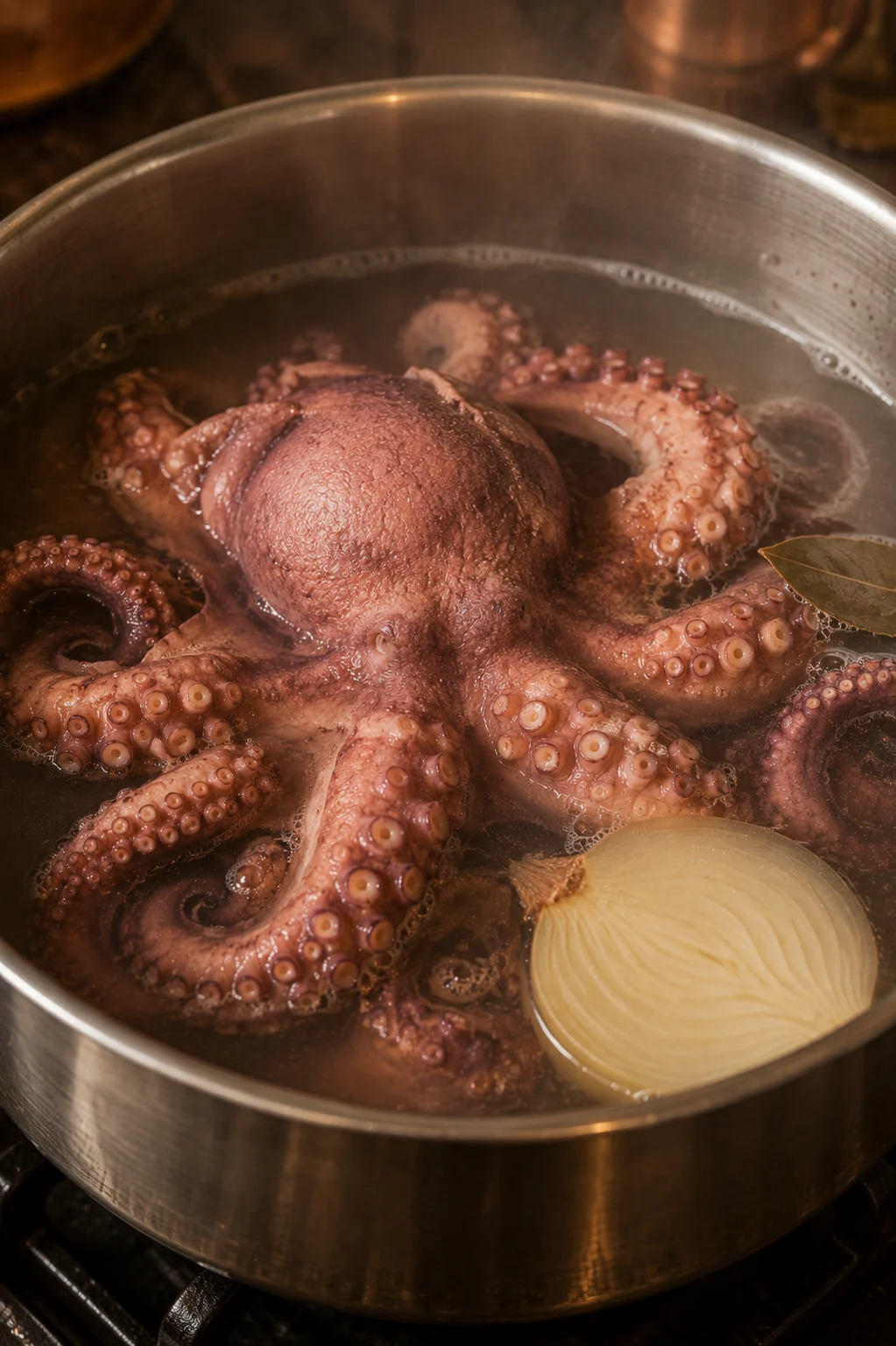 Octopus simmering gently in a pot with a bay leaf and half an onion