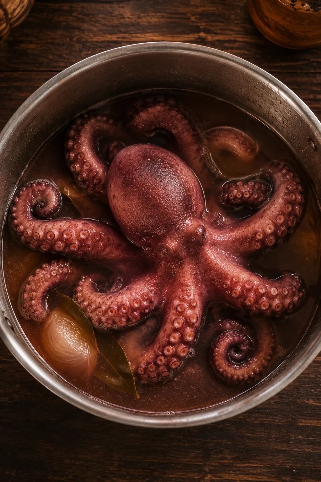 Cooked octopus cooling slowly in its own cooking liquid