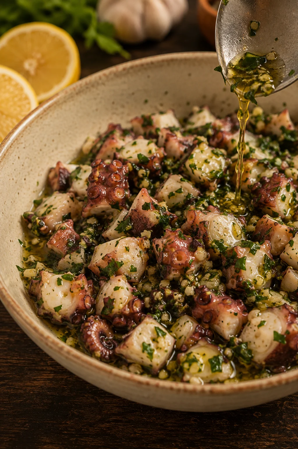 Sliced octopus tossed with olive oil, lemon juice, garlic and parsley in a bowl