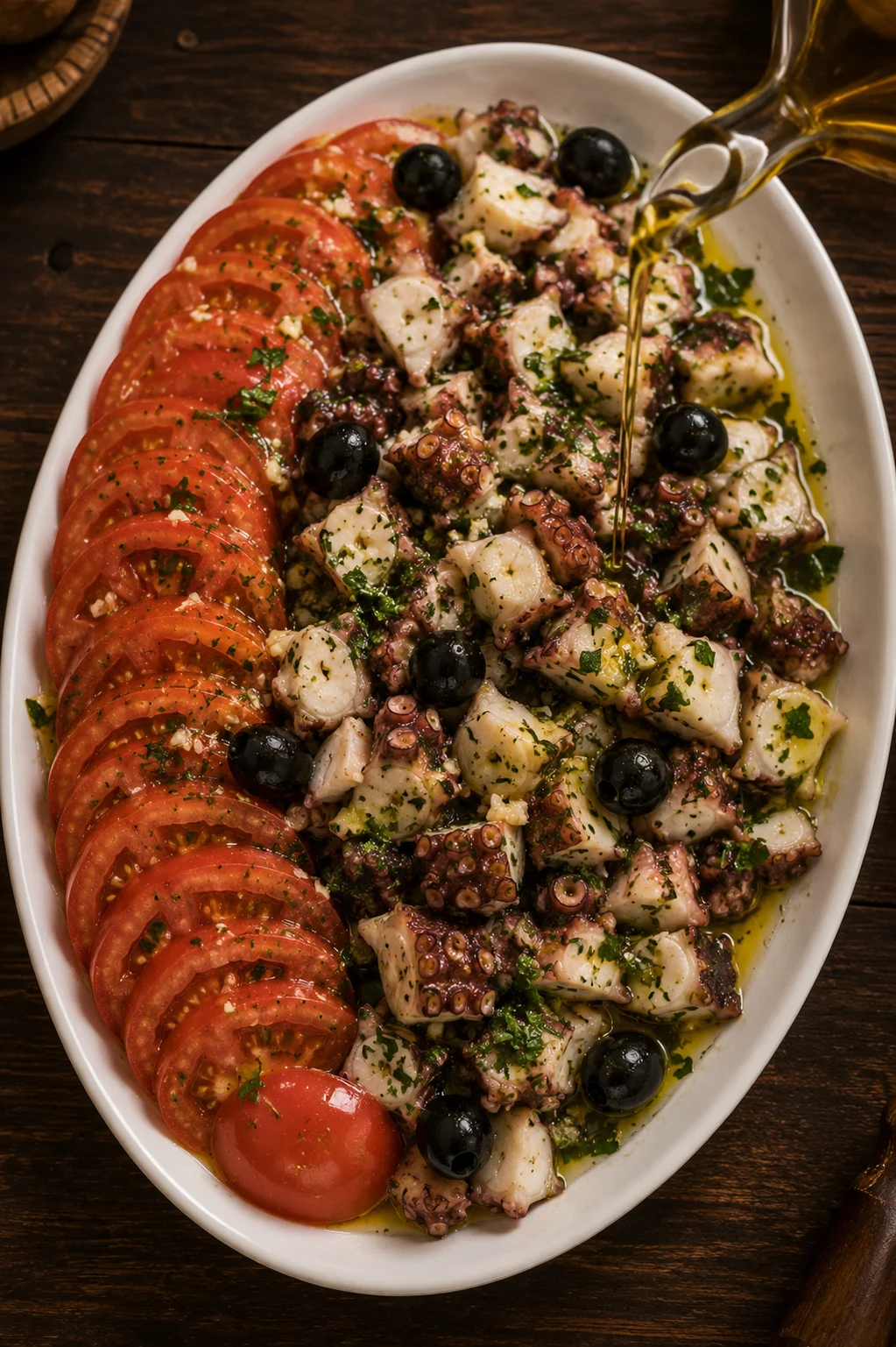 Chilled octopus salad arranged with tomato slices and black olives