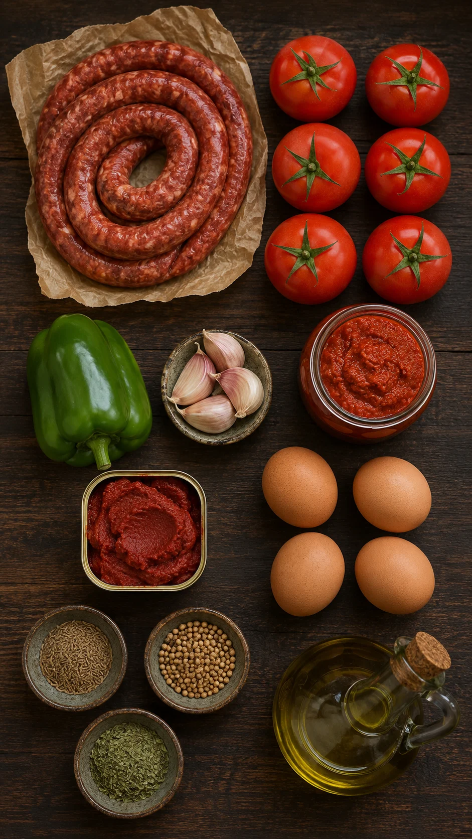 Ingredients for ojja merguez: merguez sausages, tomatoes, harissa, garlic, green pepper, caraway and eggs
