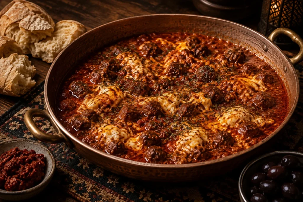 Ojja merguez: Tunisian eggs stirred through a spicy harissa tomato sauce with merguez sausage