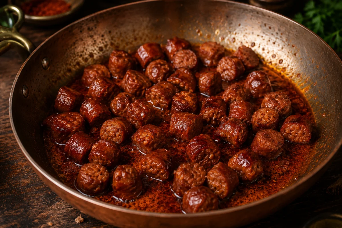 Merguez chunks browning and releasing their red spiced oil into the pan