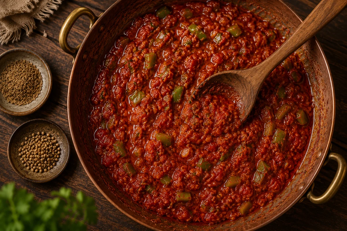 Harissa tomato sauce simmering until the oil separates at the edges