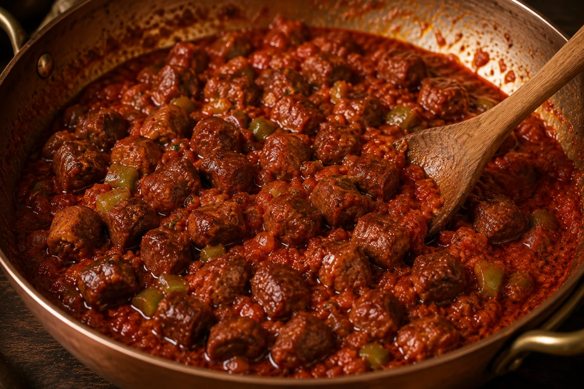 Browned merguez returned to the thickened harissa tomato sauce