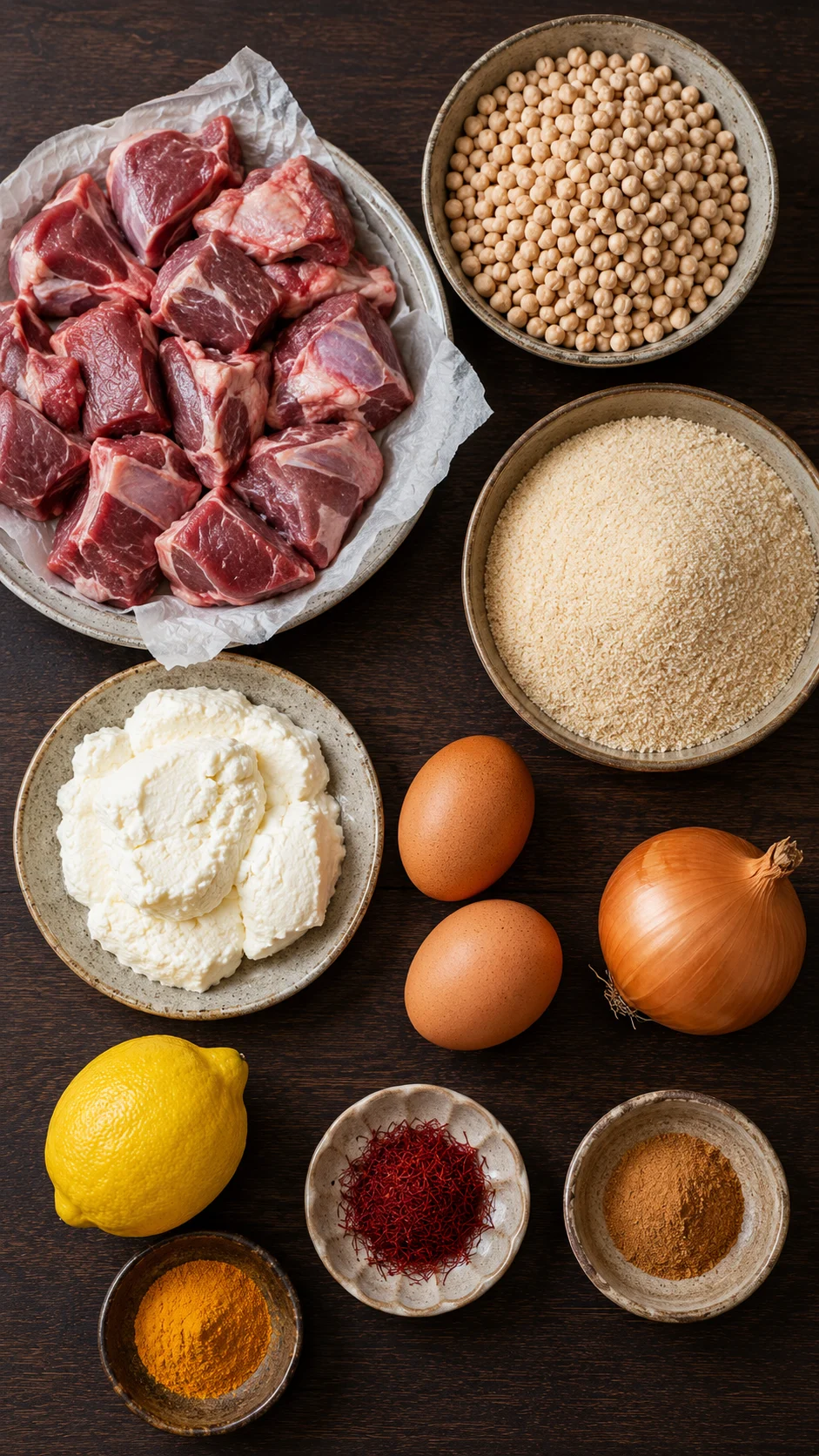 Ingredients for sfiria: lamb, chickpeas, breadcrumbs, soft white cheese, egg, saffron, turmeric and cinnamon