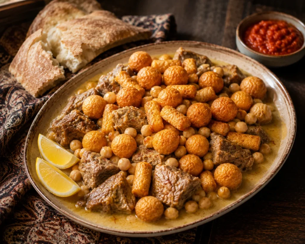 Sfiria: Algerian lamb and chickpeas in saffron broth scattered with golden fried bread balls