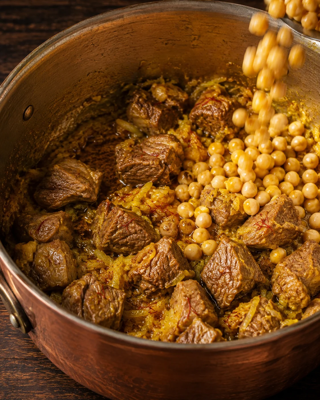Lamb browning with grated onion, turmeric and saffron before the broth goes in